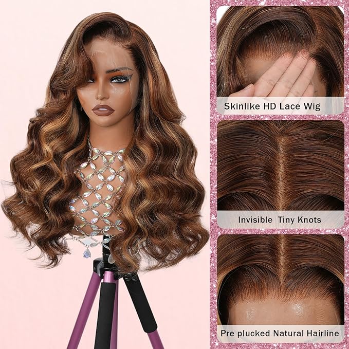 Body Wave Lace Front Wig 4/27 Honey Blonde Highlight Ombre Pre plucked Bleached Knots 13x4 Full Frontal Lace Wig Human Hair Skinlike HD Lace Invisible 0.10mm Ultra-Thin 100% Real Human Hair