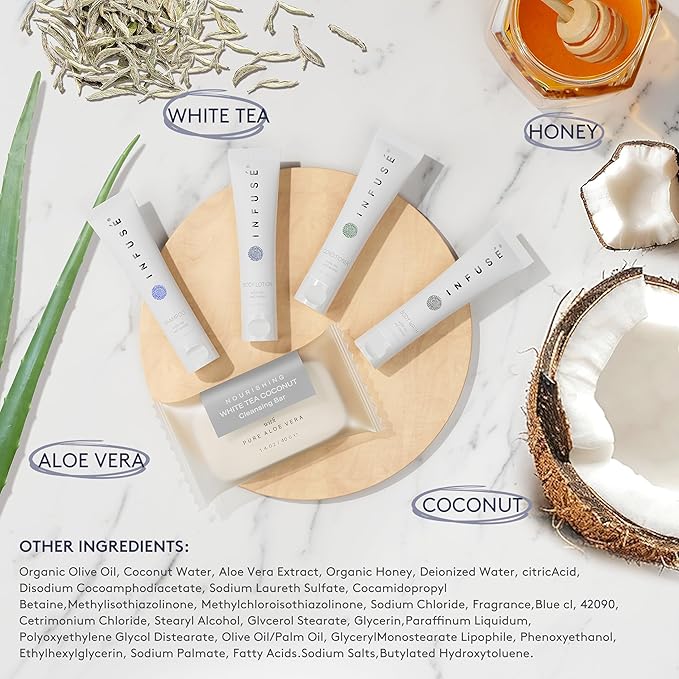 Infuse Pure White Tea and Coconut Hotel Soaps and Toiletries Bulk Set | 1-Shoppe All-In-Kit for Airbnb | 1oz Shampoo & Conditioner, Body Wash, Lotion & 1.25oz Bar Soap | Travel Size 150 Pieces