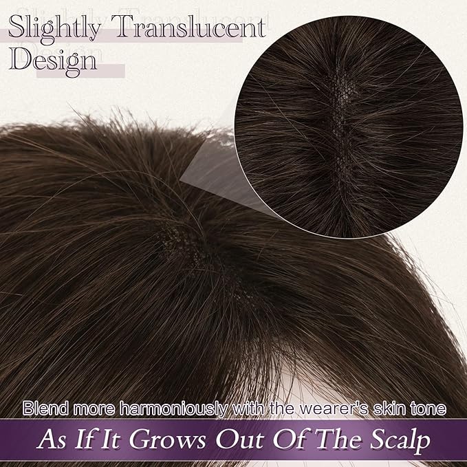 RUWISS Hair Toppers for Women Real Human Hair Lightweight Dark Brown with 15% Dark Cocoa Blonde Clip in Hair Piece for Thinning Hair Fluffy Straight Hair Topper without Bangs