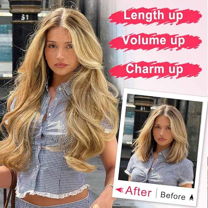 ALXNAN Long Wavy Hair Extensions for Women, Clip in Hair Extensions Clip Ins Soft Full Head Synthetic Hairpieces 20 Inch Dark Ash Blonde mix Light Blonde Highlights