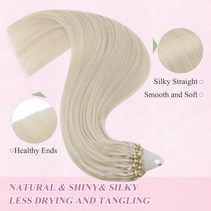 YoungSee Micro Hair Extensions Human Hair Blonde Micro Loop Hair Extensions Real Human Hair Platinum Blonde 18 Inch Beaded Hair Extension Blond 50s Invisible Microlink Extension for Wedding