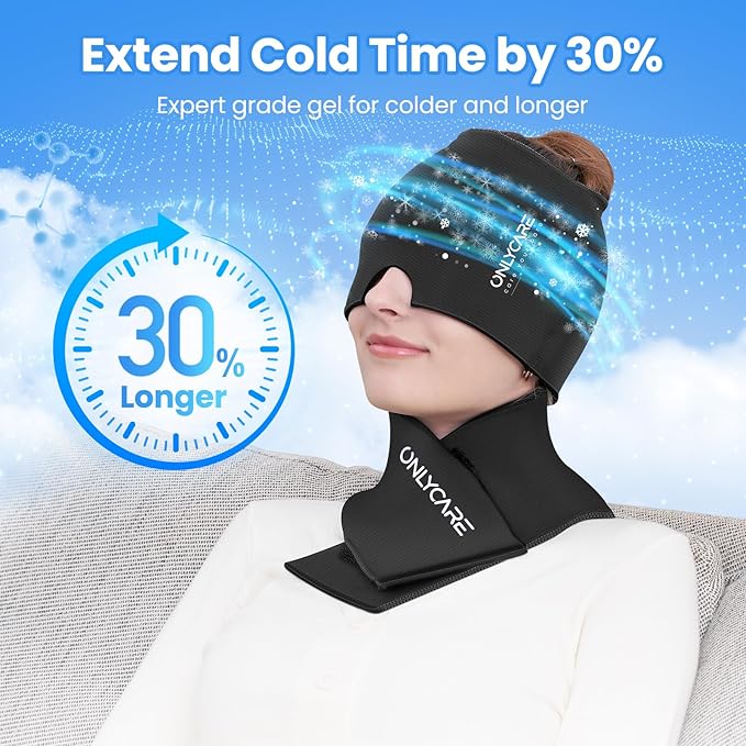 ONLYCARE Migraine Relief Cap and Neck Ice Pack Wrap Gel Set, Upgrade Headache Relief Cap and Shoulder Cold Pack, Hot and Cold Compress, FSA - HSA Eligible, Relief of Pain, Swelling, Office Pressure