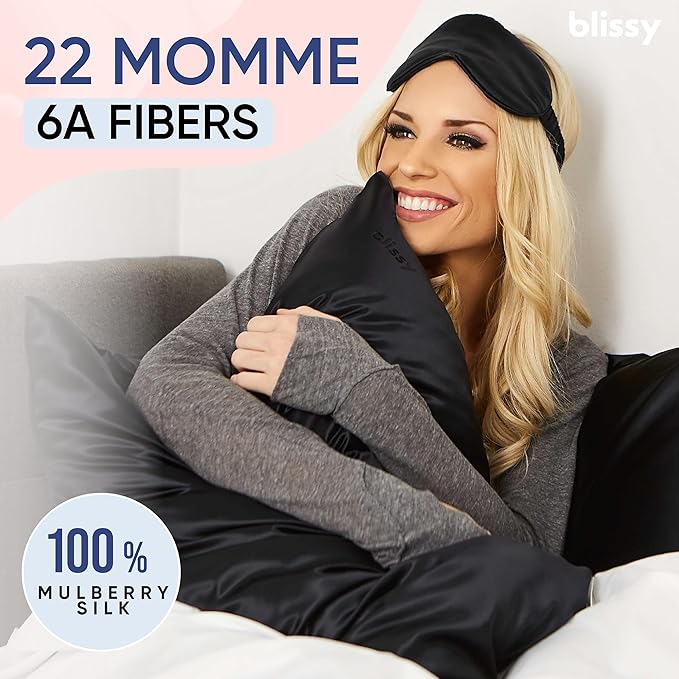 Blissy Silk Pillowcase - 100% Pure Mulberry Silk - 22 Momme 6A High-Grade Fibers - Silk Pillow Cover for Hair & Skin - Regular, Queen & King (Black, Standard)