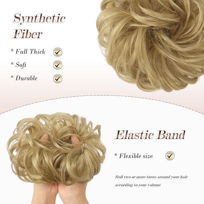 FESHFEN Messy Bun Hair Pieces - Large Wavy Curly Elastic Hair Bun Scrunchies Ponytail Extensions Synthetic Chignon Hairpieces for Women, Golden Blonde 1.94oz