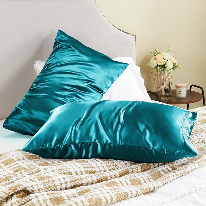 BEDELITE Satin Pillowcase for Hair and Skin, Super Soft and Cooling Similar to Silk Pillow Cases 2 Pack with Envelope Closure, Gift for Women Men(20"x40" King Size, Teal)