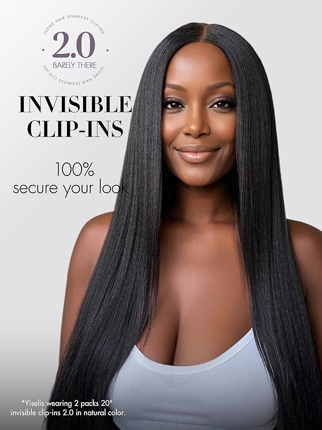 LUVME Invisible Clip in Hair Extensions, Yaki Straight Real Human Hair 16 Inch 2 Pack 220g 12pcs Clip ins Hair Extensions Natural Black for Women