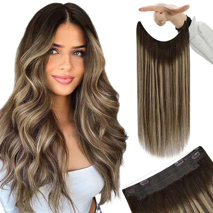 YoungSee 135G Wire Human Hair Extensions Brown Balayage Hair Wire Chocolate Brown Mix Caramel Blonde Balayage One Piece Hair Extensions Long Straight Hair 24Inch