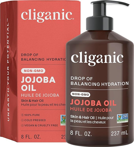 Cliganic Non-GMO Jojoba Oil for Skin, Hair & Face (8oz) | 100% Pure, Natural Cold Pressed Unrefined Hexane Free (Packaging May Vary)