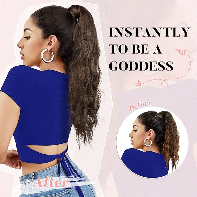 Flufymooz Ponytail Extension, Flexible Wrap Around Ponytail Extension Long Wavy Curly Ponytail Hair Extensions Natural pony tail Synthetic Hairpiece for Women 26 Inch (Natural Black)