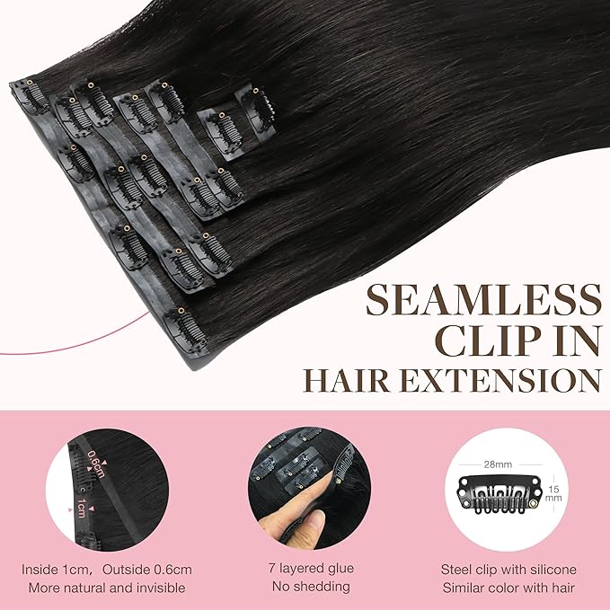 GOO GOO Clip in Hair Extensions Real Human Hair, Remy Human Hair Extensions Clip ins for Women, Natural Human Hair, 22inch 110g 7Pcs, 1B Natural black