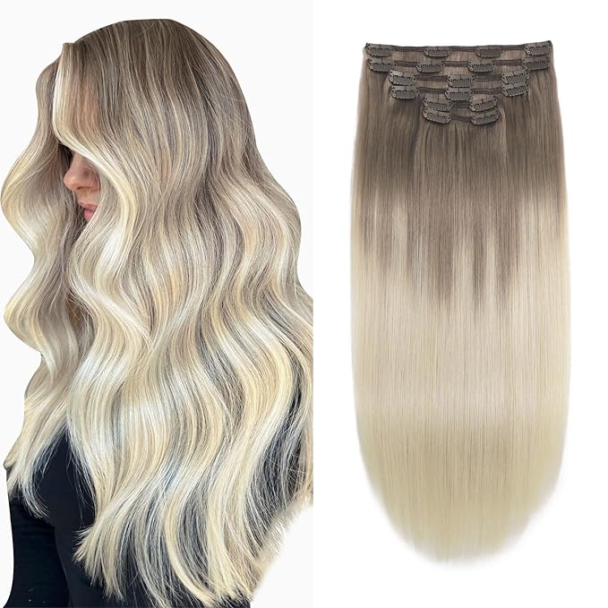 XDhair Clip in Hair Extensions Human Hair 100g 16 Inch Balayage Ash Brown to Platinum Blonde Clip in Hair Extensions 6pcs Straight Real Hair (16, #8T60)