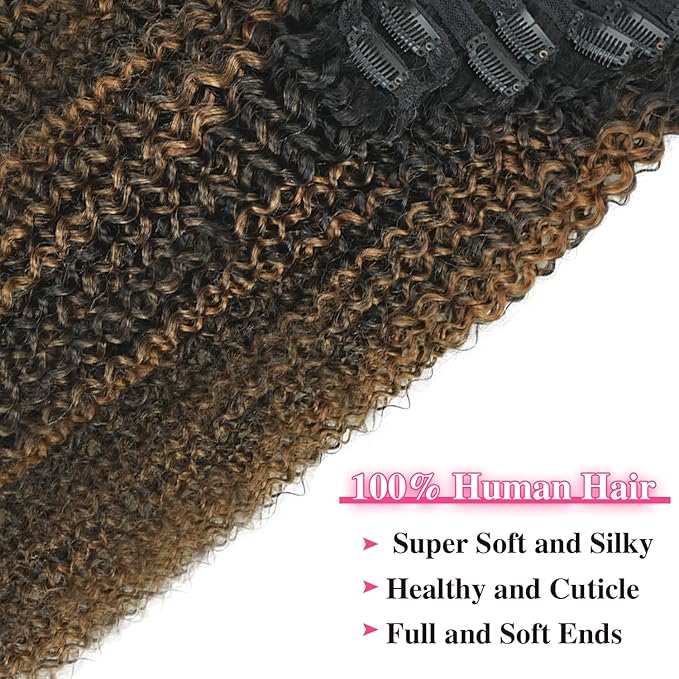3c 4a Curly Clip in Hair Extensions T1BP1B/30 Omber Kinky Curly Clip ins For Women Brazilian Virgin Clip on Hair (16inch,T1BP1B/30)