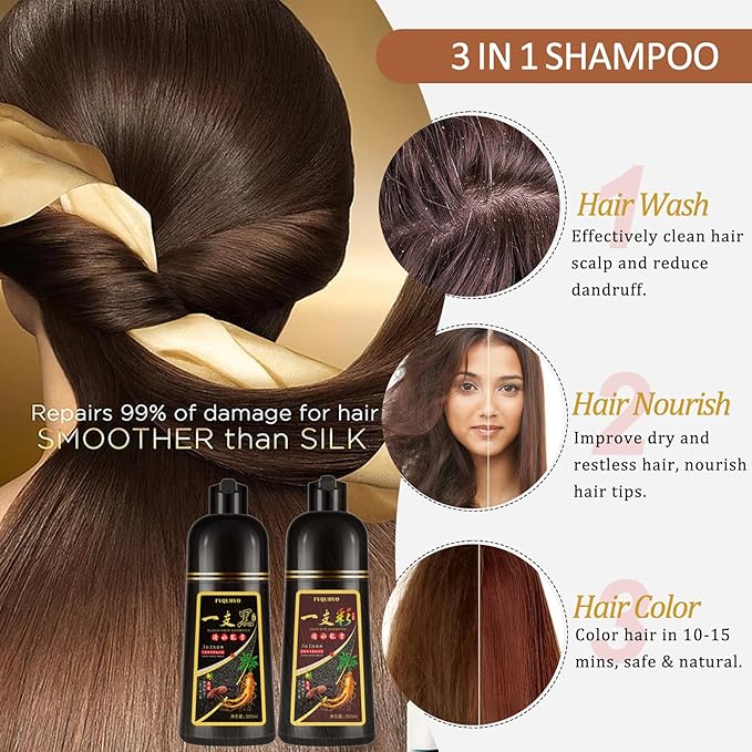 Dark Brown Hair Dye Shampoo 3 in 1 for Men Women, Natural Hair Color for 100% Gray Coverage, Brown Colors in 10-15 mins, Shampoo Para Canas 16.9 Fl Oz (Dark brown)
