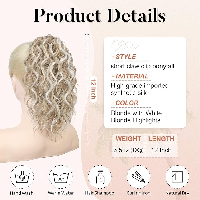FLUFYMOOZ Ponytail Extension, 12" Short Claw Ponytail Extension Wavy Curly Jaw Clip in Pony tails Hair Extension Natural Synthetic Hairpiece for Women (Light Blonde with White Blonde Highlight)