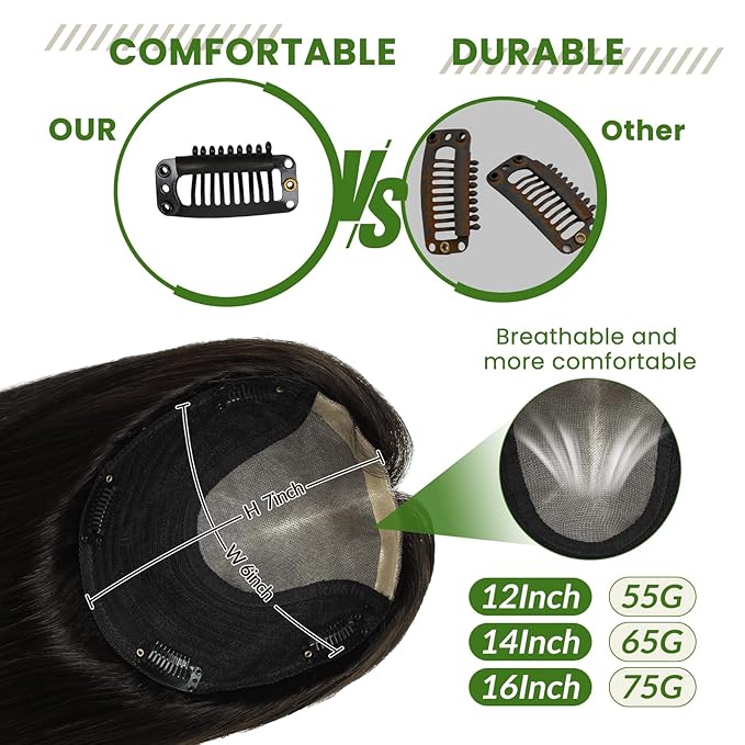 HAIR 16 Inch Toppers for Women Real Human Hair Natural Black color 150 Density 6x7inch Silk Base 75 grams All Remy Human Hair Wiglets Hairpieces for Thinning Hair (#1B 16inch)