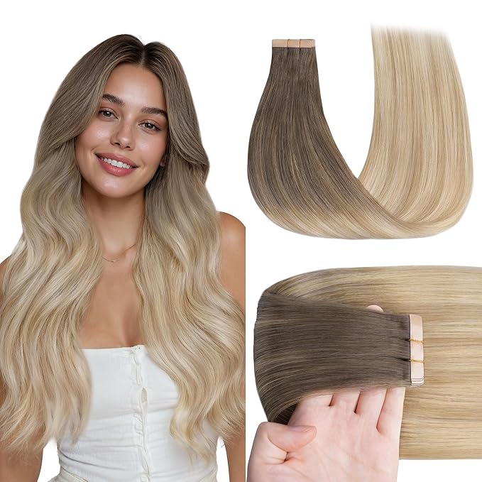 GOO GOO Tape in Hair Extensions Human Hair, 9/18J/60 Chocolate Brown to Champagne Blonde Balayage, 20inch 50g 20pcs, Skin Weft Seamless Invisible, Silky Straight with Thick Ends, Remy Human Hair