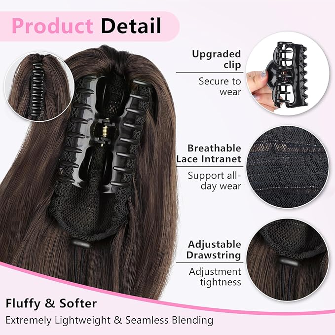 ALXNAN Claw Long Wavy Ponytail Extension,24 Inch Curly Pony Tail Clip in Hair Extensions for Women,Dark Chocolate Brown Clip on Pony Tails Hair Extensions