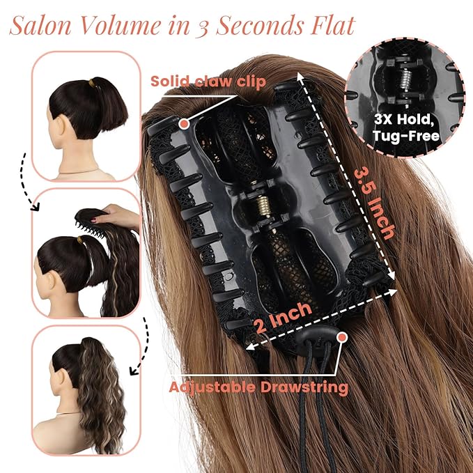 18" Ponytail Extension, Claw Clip Ponytail Extensions for Women Wavy Pony Tails Hair Extensions Fluffy Natural Looking Synthetic Hairpiece for Daily Use (Light Brown Mixed Honey Gold)