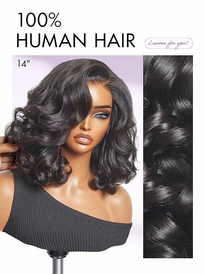 LUVME HAIR 100% Human Hair Wigs Loose Wave Glueless Lace Front 12 Inches, Pre Cut Plucked Hd Lace Short Wig Ready To Go Natural Color Straight Bleached Knots Side Part Black Wigs