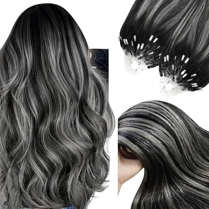 YoungSee Micro Link Hair Extensions Human Hair Ombre Micro Bead Hair Extensions Real Human Hair Silver with Black Balayage Microlink Hair Extension Cold Fusion Hair for Long Hair 22 Inch 50g 50s