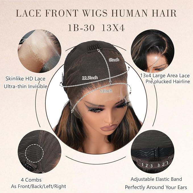 13x4 Full Frontal Lace Wig Human Hair Body Wave 1B/30 Highlight Ombre Colored Skinlike Swiss HD Lace 0.10mm Ultra-thin Invisible 200% Density Balayage Brown Pre Plucked Tiny Knots Natural Hairline