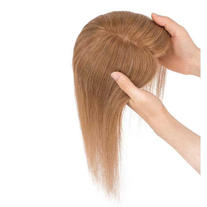 Hairro Human Hair Toppers Free Parted, 3.5x4.7" Base Hand-wovened 100% Real Hairpieces, with Invisible Clips-in for Women, for High Hairline/Adding Volume on Top, 12 Inch Blondish Brown