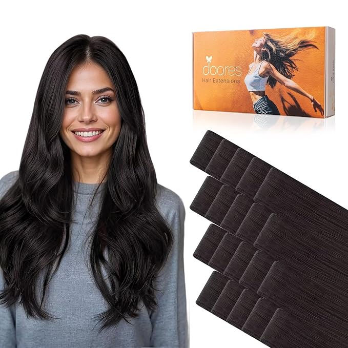 DOORES Invisi Edge Tape in Human Hair Extensions, Natural Black 10 Injection Tapeins with 10 Injection Tapeins 50g 22 Inch, Injected Tape in Extensions Virgin Hair Thick Ends