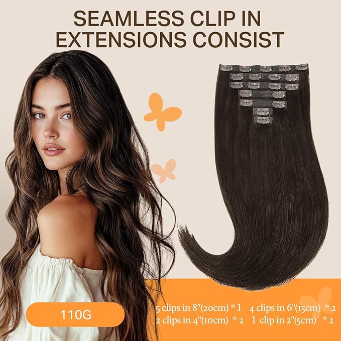 DOORES Seamless Clip-in Real Human Hair Extensions, Light Dark Brown 22 Inch 7pcs 110g, Invisi Edge Straight Hair