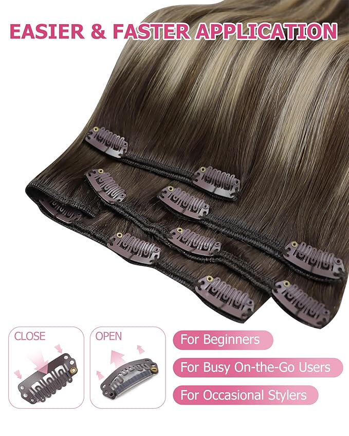 YoungSee Clip in Human Hair Extensions Brown Balayage Hair Extensions Clip ins Chocolate Brown with Ash Blonde Balayage Clip on Hair Extensions Human Hair Easy to Install 120G 7Pcs 20In