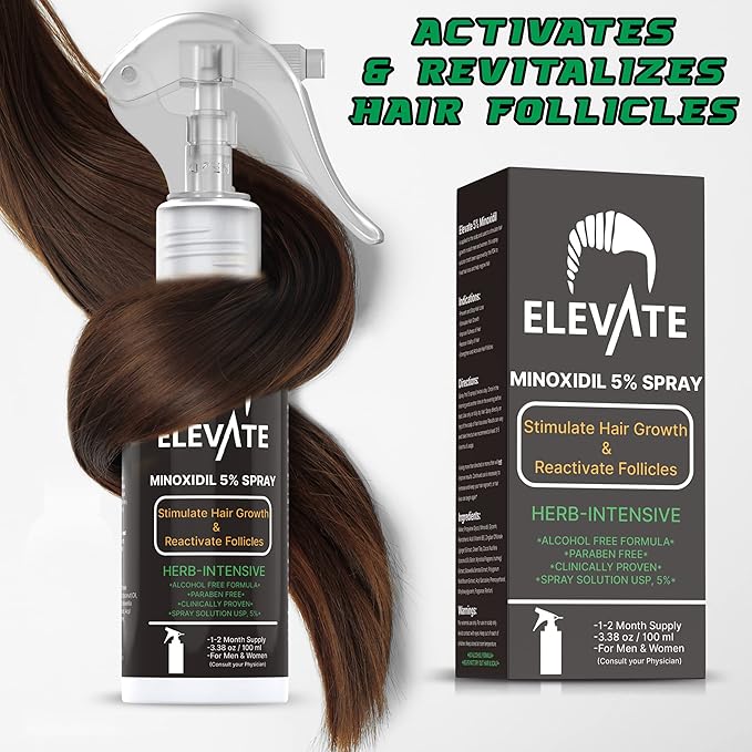 ELEVATE 5% Minoxidil Hair Growth Spray - Alcohol Free Non Oily Formula Extra Strength Professional Treatment for Hair Loss/Regrowth - Stimulate Hair Follicles for Men & Women - 1 Month Supply