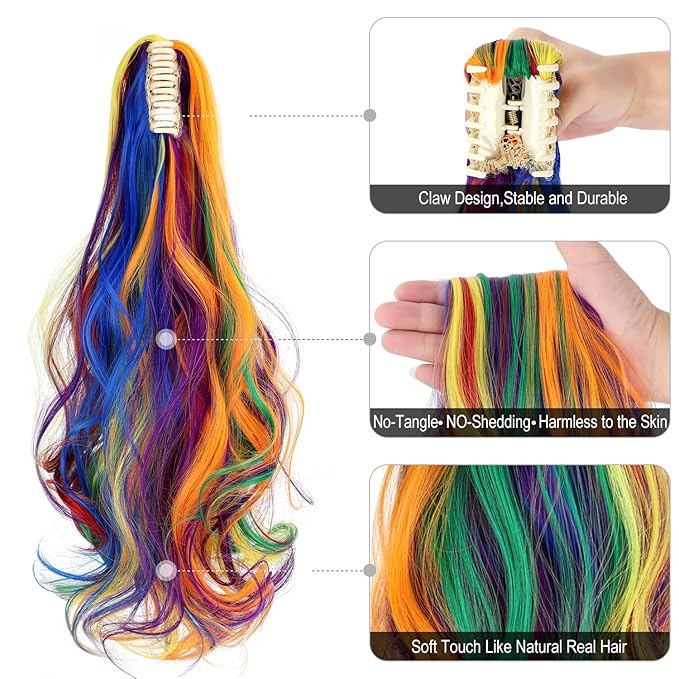 Claw Clip Ponytail Extension 18" Clip in Wavy Ponytail Hair Extensions Long Pony Tails for Women Extensions Rainbow Colorful Wave Hairpiece