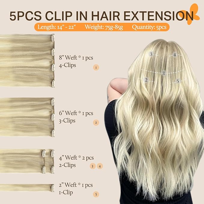 DOORES Classic Clip Seamless Clip, 5pcs 75g 16 Inch Balayage Ash Blonde to Golden Blonde and Platinum Blonde