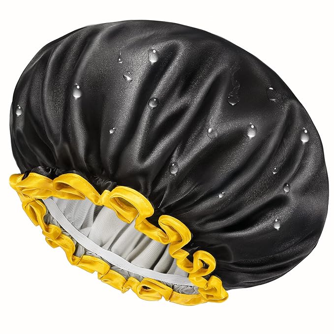 mikimini Extra Large Black Shower Caps Pack of 2 for Women and Men Thick Long Hair Braids, Reusable Waterproof Double Layers XL Bathing Hair Cap with Vibrant Yellow Edge (Black)