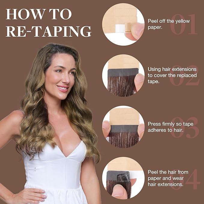 GOO GOO Tape in Hair Extensions Human Hair, 4/18 Balayage Chocolate Brown Highlighted Dirty Blonde, 24inch 50g 20pcs, Skin Weft Seamless Invisible, Silky Straight with Thick Ends, Remy Human Hair