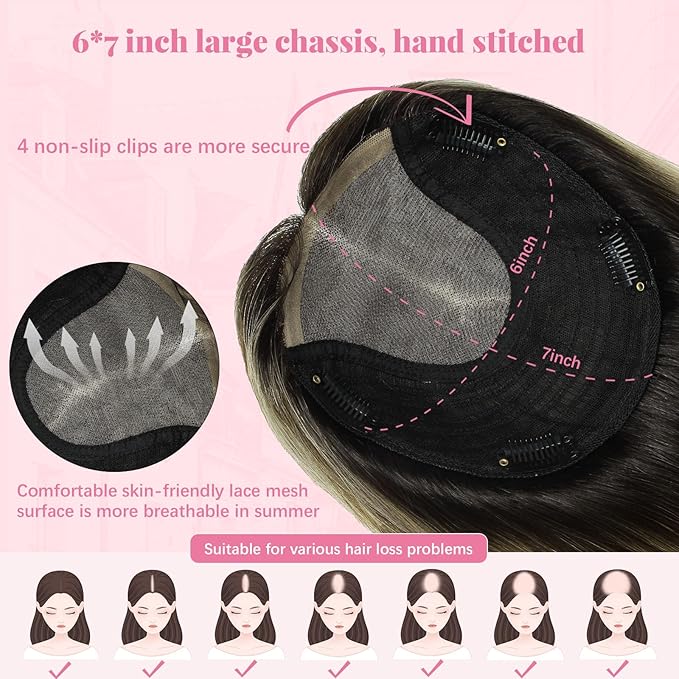 Hair Toppers for Women Real Human Hair, Natural Black Ombre Dark Brown Mix Blonde Topper Add Volume 12inch Hair Pieces for Women with Thinning 55g 6x7inch Base (#1B/4/27Toppers-12inch)
