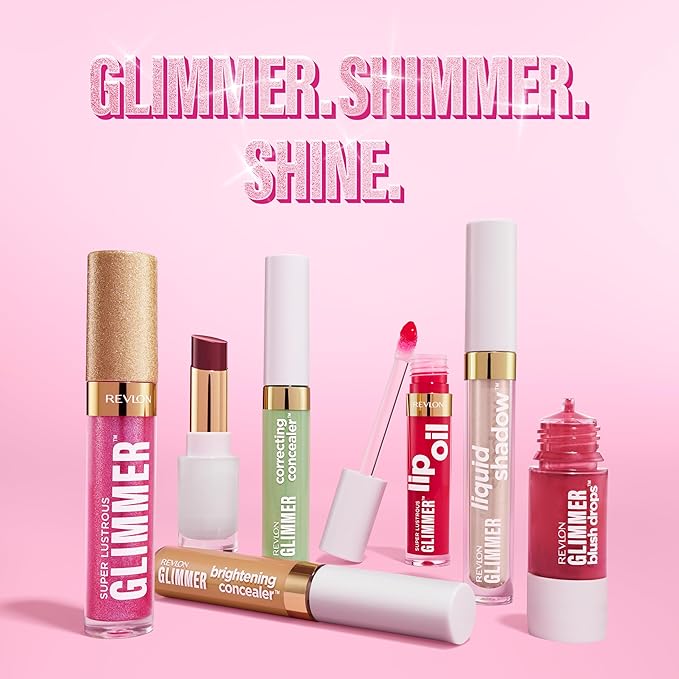 REVLON Super Lustrous Glimmer Lip Oil, Moisturizing & Tinted, Shiny Finish, Made with Plant-Based Squalane, 001 Candy Hearts, 0.13 fl oz