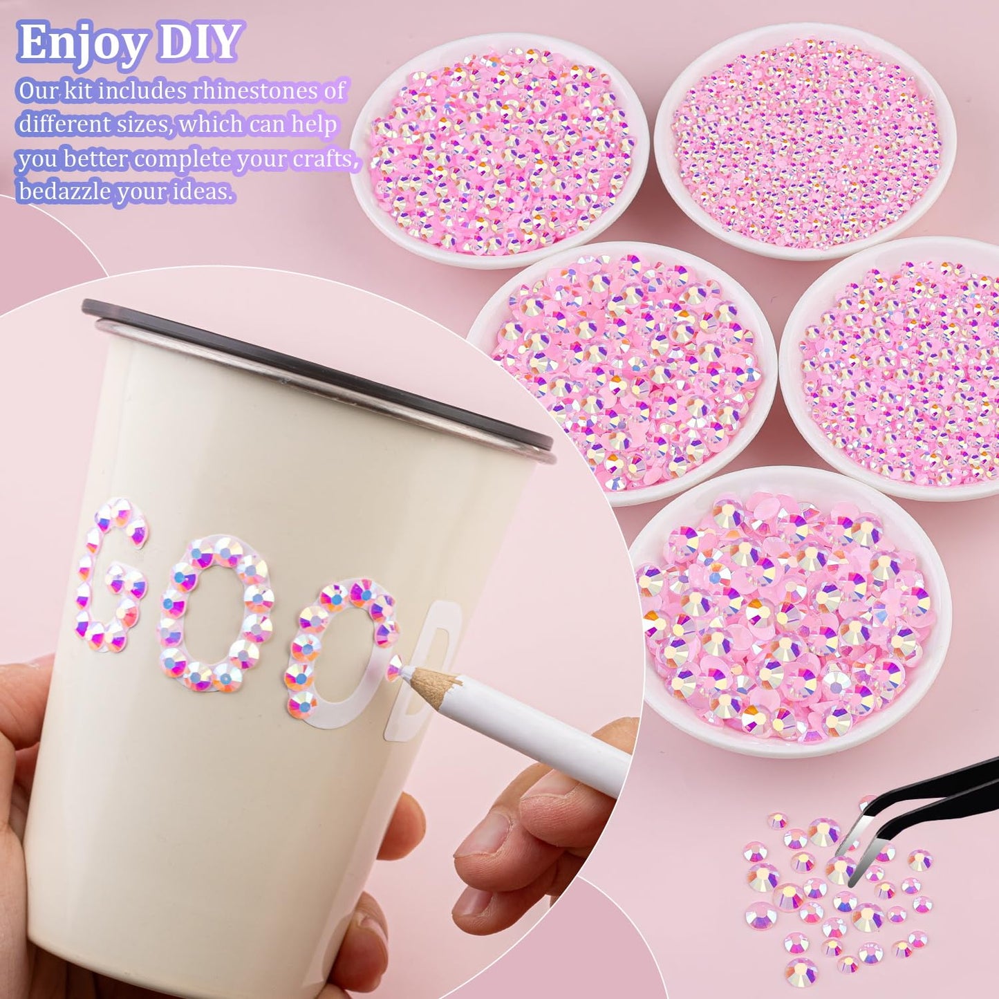 25000Pcs Resin Jelly Rhinestones for Crafting, Light Pink AB 2-6mm Mixed Sizes Non Hotfix Flatback Gems, Bedazzling Crystal for DIY Crafts Clothing Tumblers Mugs Shoes Fabric Nail Art