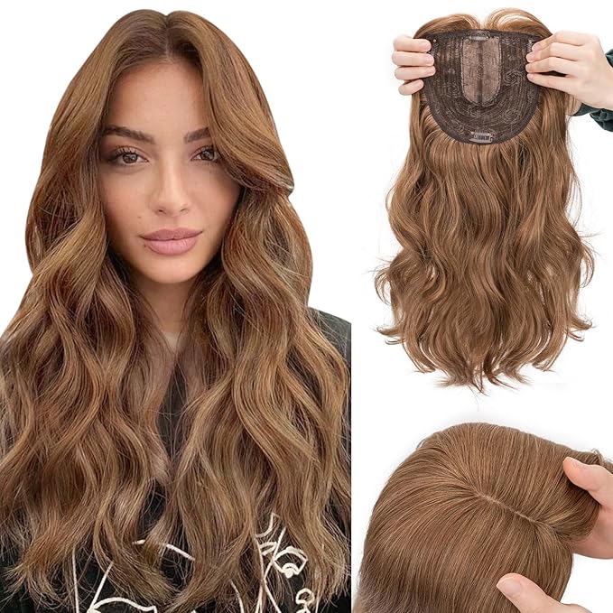 Hairro 18 Inch Long Hair Toppers Wavy with Side Bangs for Women, Clips In Synthetic Hairpieces Capless, for Adding Volume/Birthday/Party/Halloween/Cosplay Dress Up, Light Brown Mix Blonde