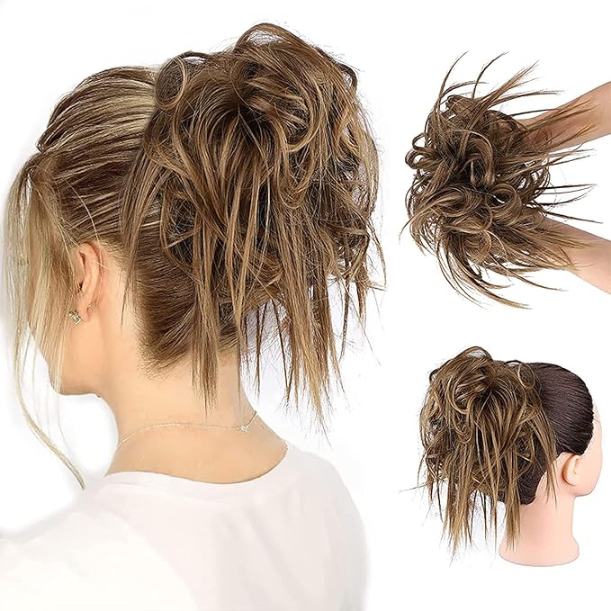 HMD Tousled Updo Messy Bun Hairpiece - Synthetic Hair Extensions with Elastic Rubber Band - Scrunchies & Ponytail Hairpieces for Women