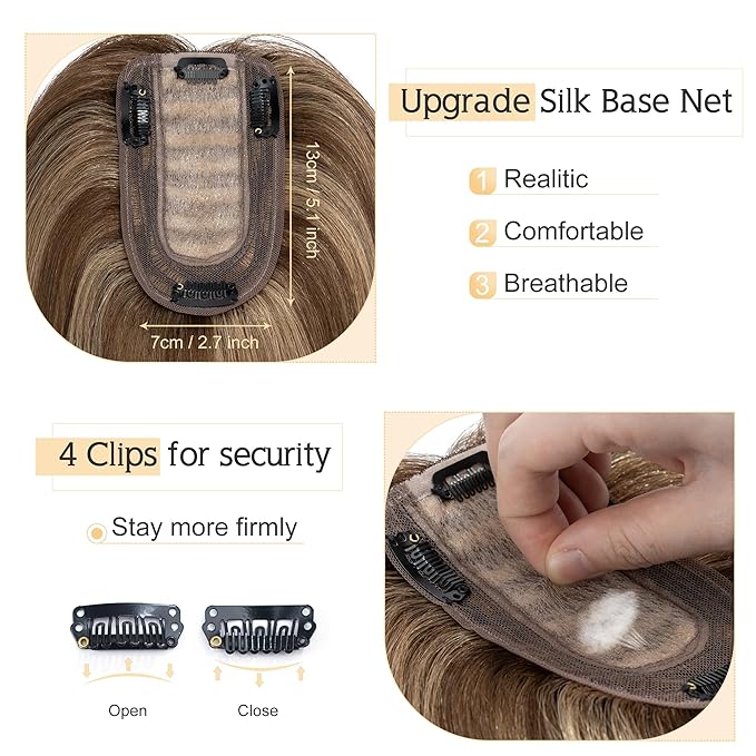 SEGO Human Hair Toppers for Women With Thinning Hair, 7 * 13CM Silk Base 100% Real Human Hair Clip in Top Wiglet Hairpieces /18 Inch No Bangs Medium Brown&Dark Blonde