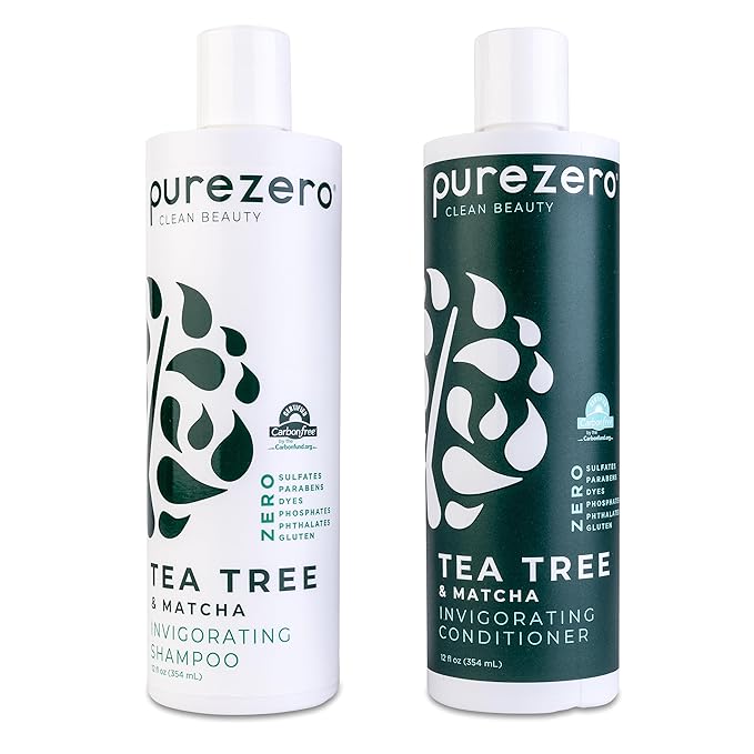 Purezero Tea Tree & Matcha Shampoo and Conditioner Set - Nourishing & Invigorating Scalp Treatment - Zero Sulfates, Parabens, Dyes Vegan and Cruely Free (12 Fl Oz (Pack of 2))