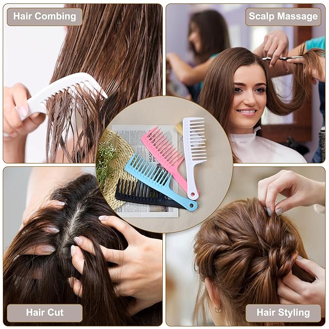 4PCS Wide Tooth Comb, Professional Women Hair Care Styling Handgrip Combs for Curly, Wet, Long Hairs (Black & White)