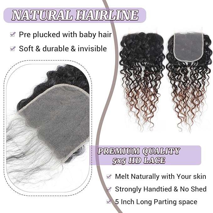 T1B/2/30 Ombre 5x5 Water Wave Lace Closure 100% Real Human Hair 12 Inch Chestnut Brown Ombre Water Wave Transparent Lace Closure