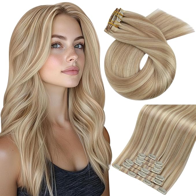 Moresoo Seamless Hair Extensions Clip in Human Hair Dark Ash Blonde with Golden Blonde Remy Clip in Hair Extensions Blonde Highlight 7pcs/120g 20inch