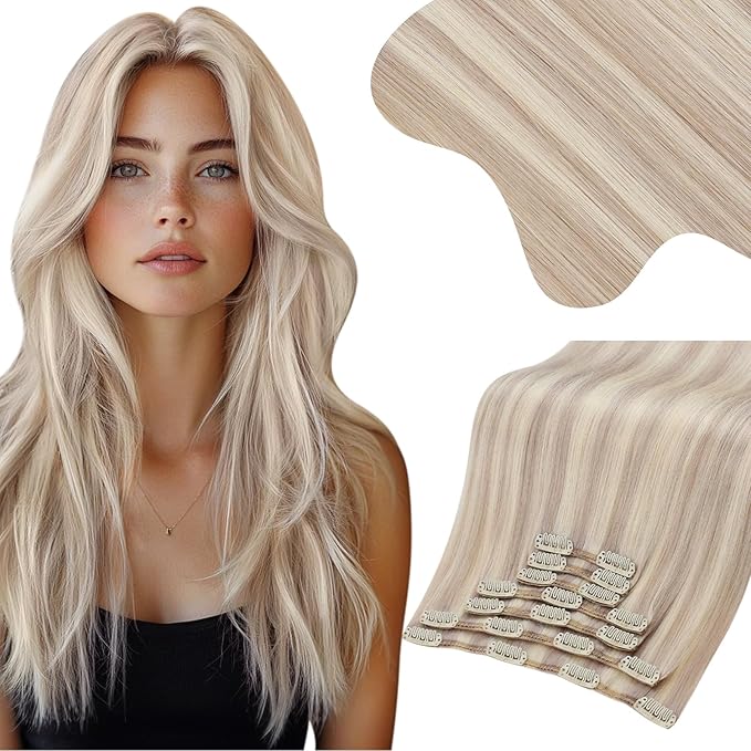 Moresoo Blonde Clip in Hair Extensions Human Hair Remy Straight Double Weft Clip in Human Hair Extensions Ash Brown Highlight with Blonde 7pcs/135g 18inch