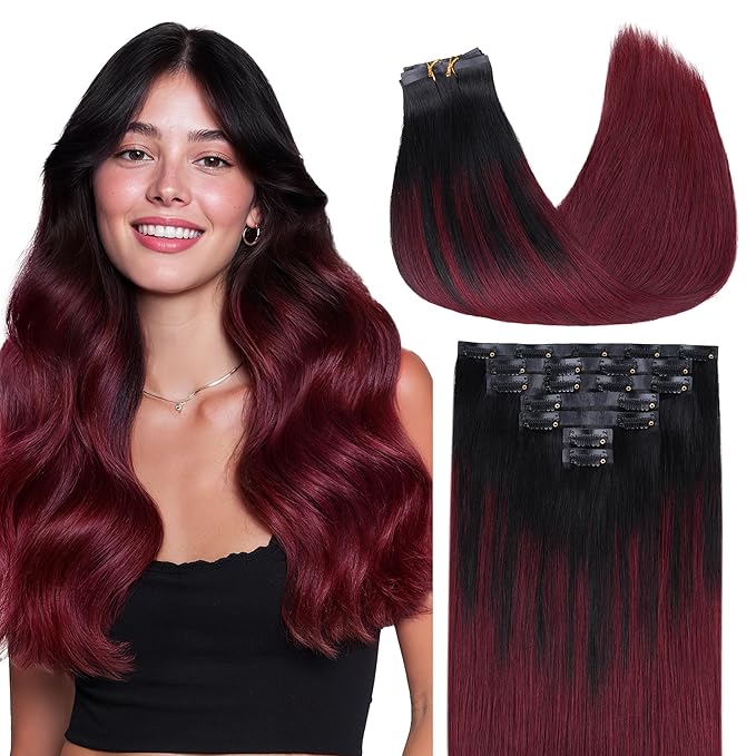 GOO GOO Clip in Hair Extensions Real Human Hair, Remy Human Hair Extensions Clip ins for Women, Natural Human Hair, 16inch 110g 7 Pcs, #1/99j Balayage Jet Black to Red Seamless Blend