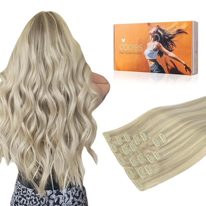 DOORES Clip in Hair Extensions, Real Human Hair, Ash Blonde Highlighted Platinum Blonde, 150g, 7pcs, 20 Inch, Invisible Edge