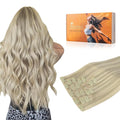 DOORES Clip in Hair Extensions, Real Human Hair, Ash Blonde Highlighted Platinum Blonde, 150g, 7pcs, 20 Inch, Invisible Edge