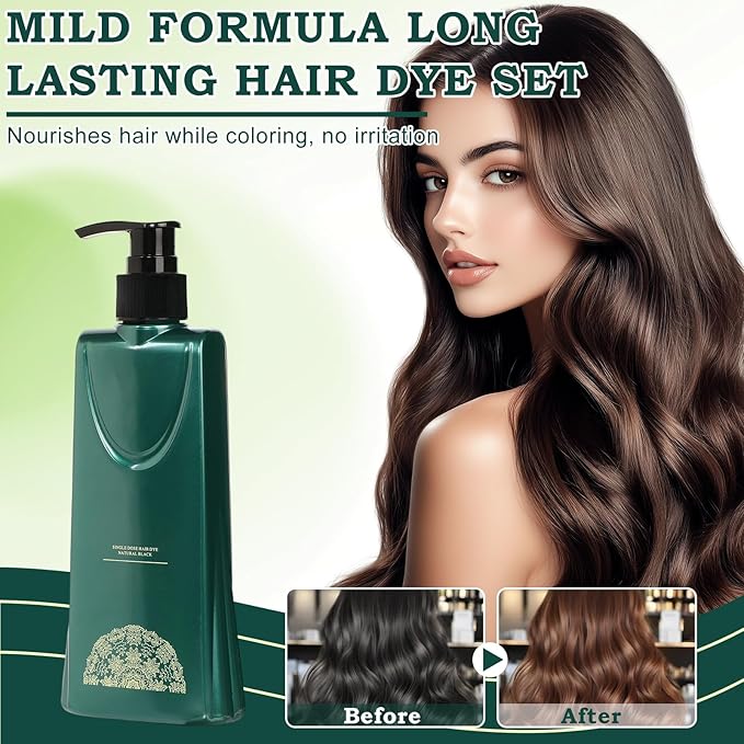 Mild Formula Long Lasting Hair Dye Set, Long-Lasting Single Step Hair Dye Kit with Nourishing Natural Shampoo (Light Black)