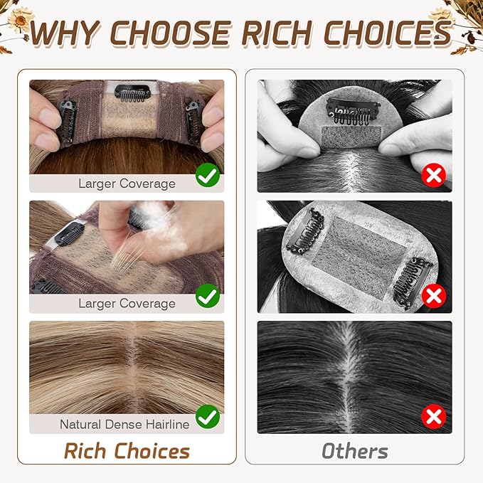 Rich Choices Real Human Hair Toppers for Women With Bang 100% Remy Human Hair Topper for Thinning Hair Clip in Silk Base Hair Topper 10 Inch #4P27 Medium Brown Mix Dark Blonde